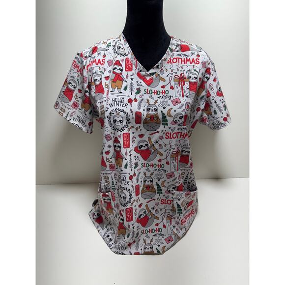 Women’s Scrub Aid Medical Scrub Top Merry Slothmas Sz L 14-16 Christmas Holiday - Picture 1 of 10